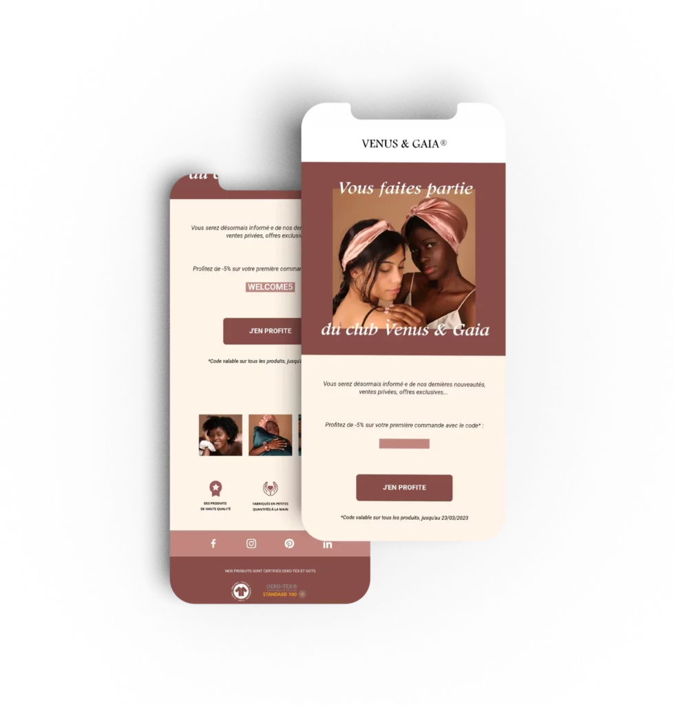 Email de confirmation d’inscription au club Venus & Gaia avec offre de bienvenue, envoyé via Klaviyo.