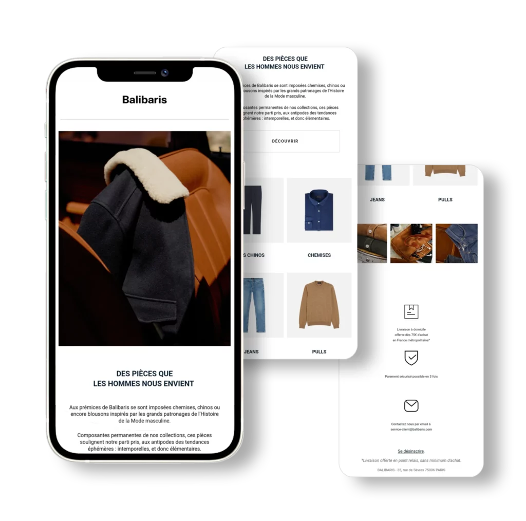 Email Klaviyo présentant les pièces incontournables de Balibaris : chemises, pulls, jeans et blousons intemporels de la mode masculine.