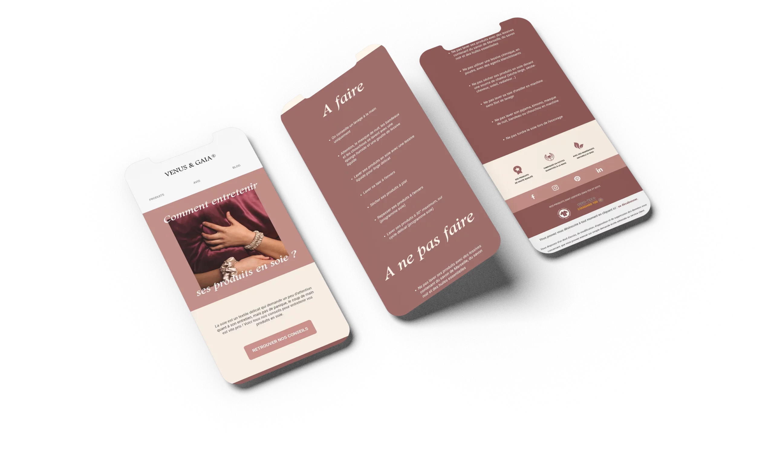 Email post-achat Venus & Gaia avec conseils d’entretien pour les produits en soie, envoyé via Klaviyo.