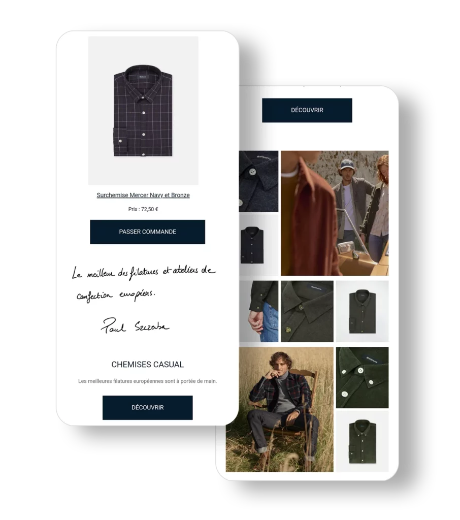 Email personnalisé Klaviyo pour Balibaris, affichant une chemise consultée et des recommandations de chemises casual.