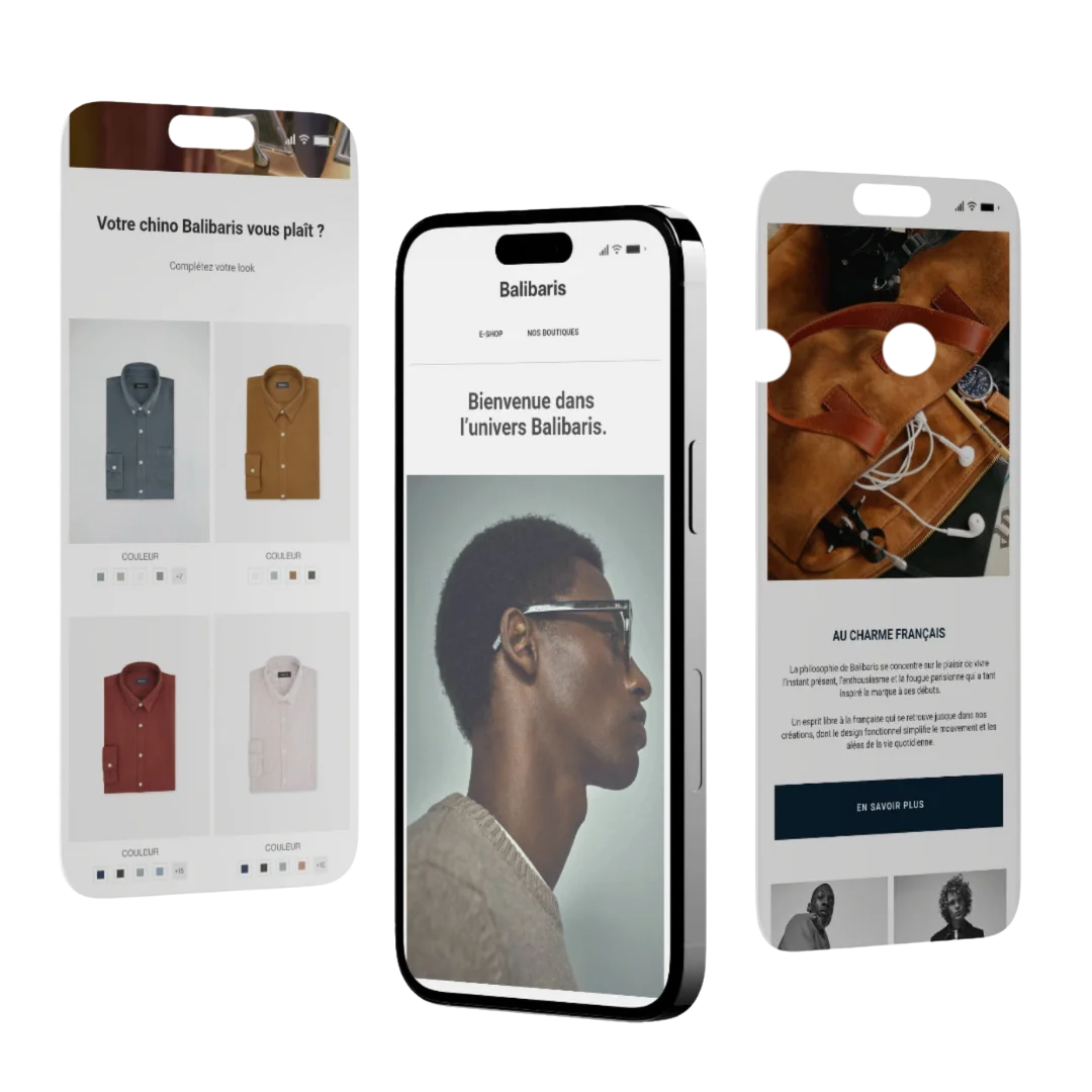 Aperçu mobile de plusieurs emails Balibaris envoyés via Klaviyo : message de bienvenue, recommandation de produits et mise en avant de l’univers de marque.