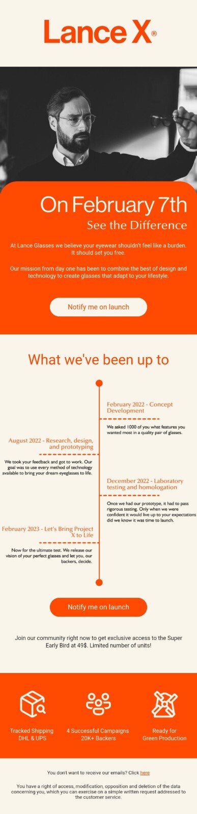 Email de pré-lancement de la campagne Kickstarter Lance X, annonçant la date de sortie des lunettes Project X et retraçant les étapes de développement produit.