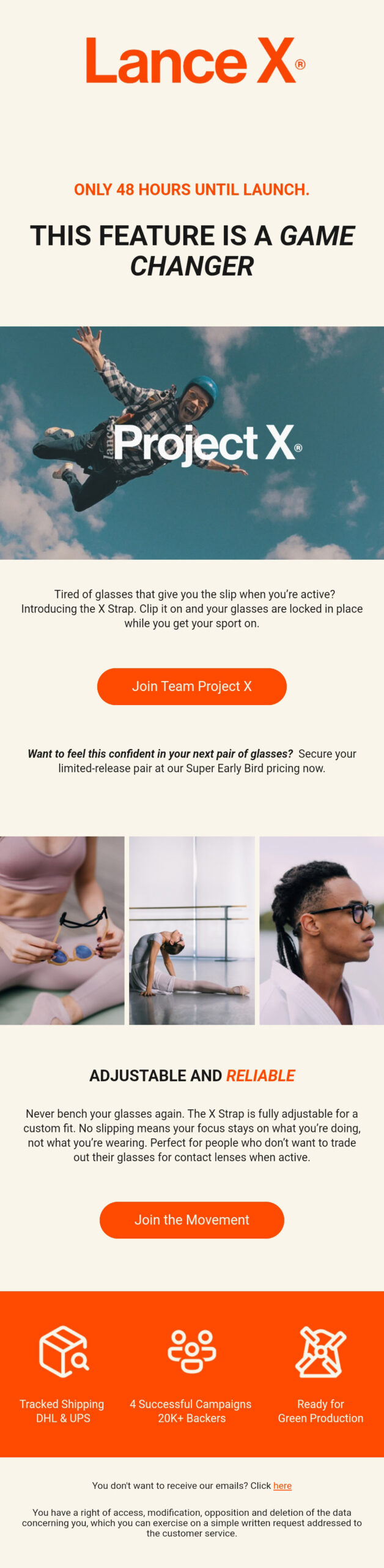 Newsletter de lancement des lunettes Lance Glasses avec sangle X Strap, illustrant leur ajustement sécurisé et leur confort pour une utilisation active.