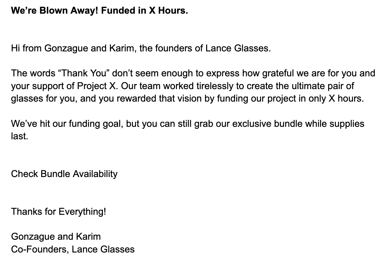 Email en format texte brut envoyé par les fondateurs de Lance Glasses pour annoncer le financement rapide de Project X, renforçant la preuve sociale et incitant à finaliser les achats.