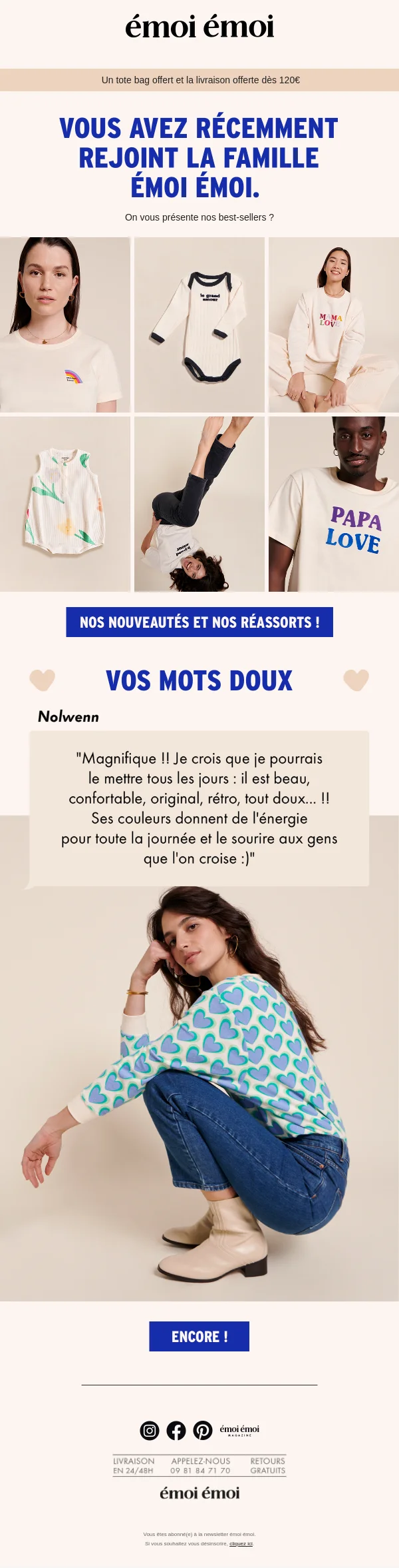 Email d’accueil Émoi Émoi présentant les best-sellers de la marque, incluant vêtements, body et t-shirt pour toute la famille.
