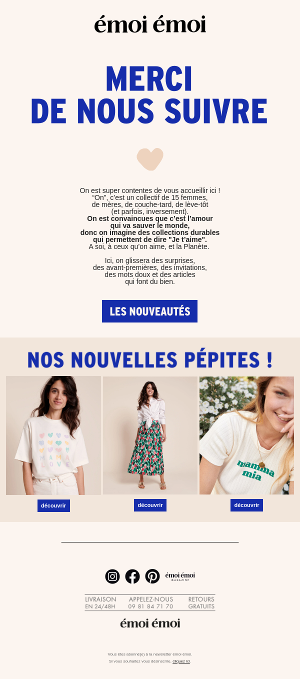 Email de bienvenue de la marque Émoi Émoi avec message de remerciement et présentation des nouvelles collections mode.