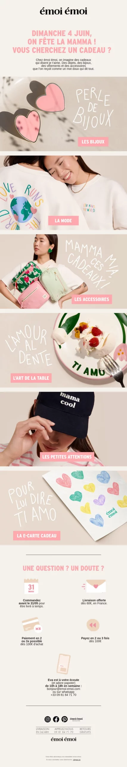 Email marketing de la marque Émoi Émoi pour la fête des mères, présentant une sélection de cadeaux : bijoux, mode, accessoires, vaisselle et e-carte cadeau avec un univers tendre et familial