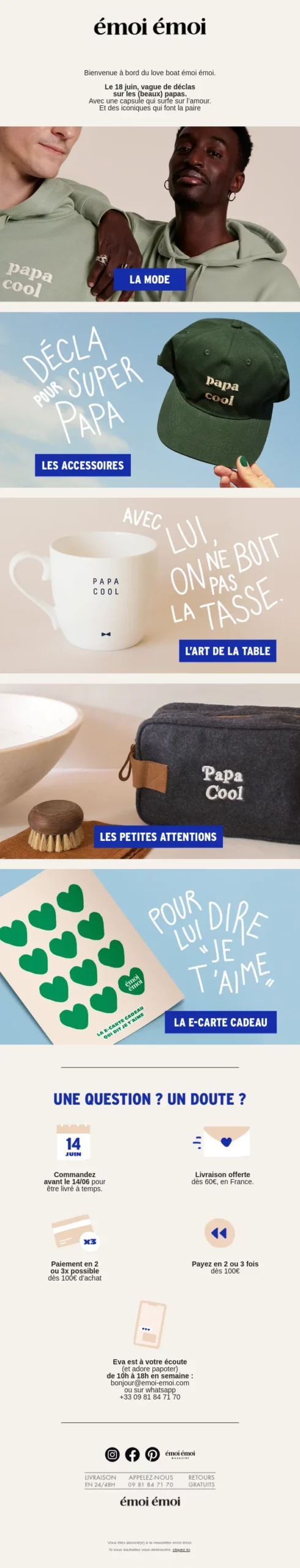 Email marketing de la marque Émoi Émoi pour la fête des pères, présentant une collection de produits dédiés aux papas : vêtements, accessoires, mugs, trousses et cartes cadeaux.