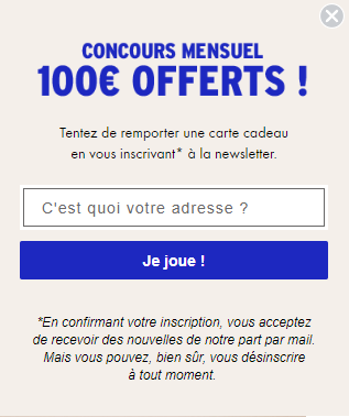 Pop-up de concours Émoi Émoi proposant 100€ offerts à l’inscription à la newsletter.