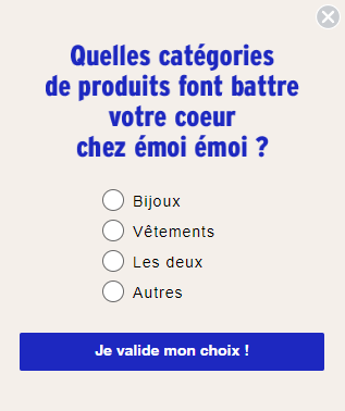 Deuxième étape du formulaire d’inscription Émoi Émoi demandant les préférences produits : bijoux, vêtements ou les deux.