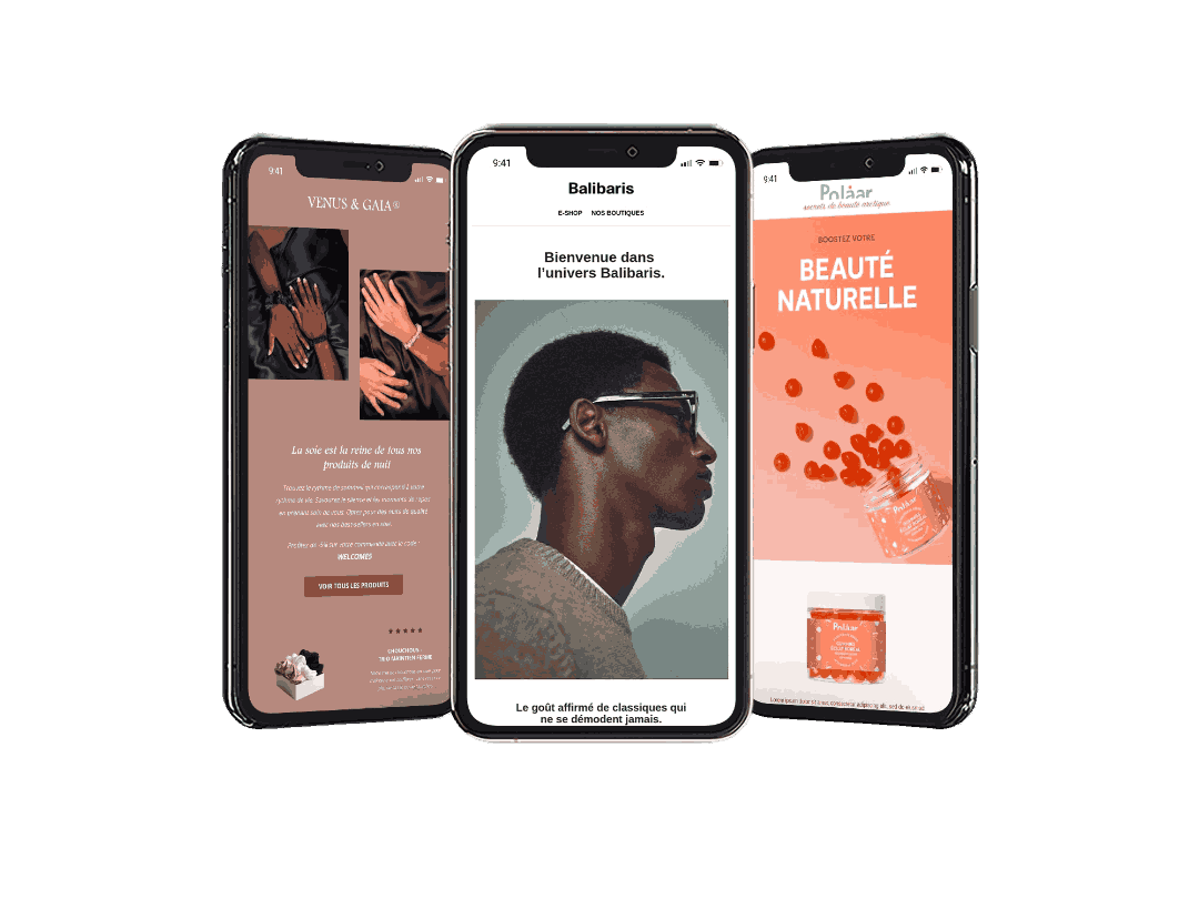 Exemples d’emails Klaviyo optimisés pour mobile créés pour Vénus & Gaia, Balibaris et Polaar.