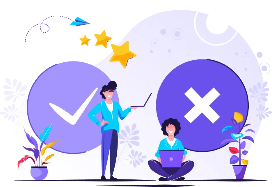 Illustration de deux personnes avec un ordinateur portable, à côté de grands symboles de coche et de croix. Étoiles, fleurs et avions en papier apportent une touche ludique.