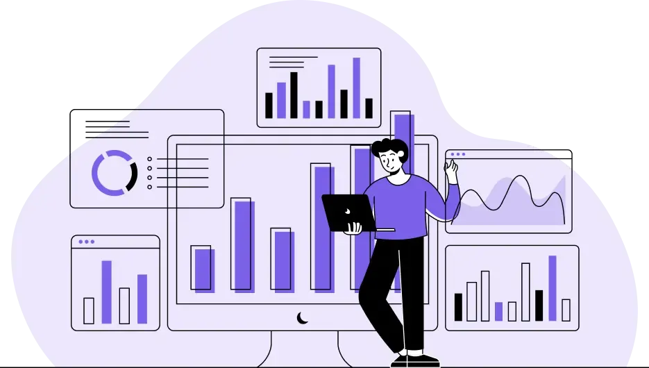 Illustration d'une personne avec un ordinateur portable, entourée de divers graphiques à barres et à courbes sur des écrans. Le ton est analytique et précis, avec des touches de violet.