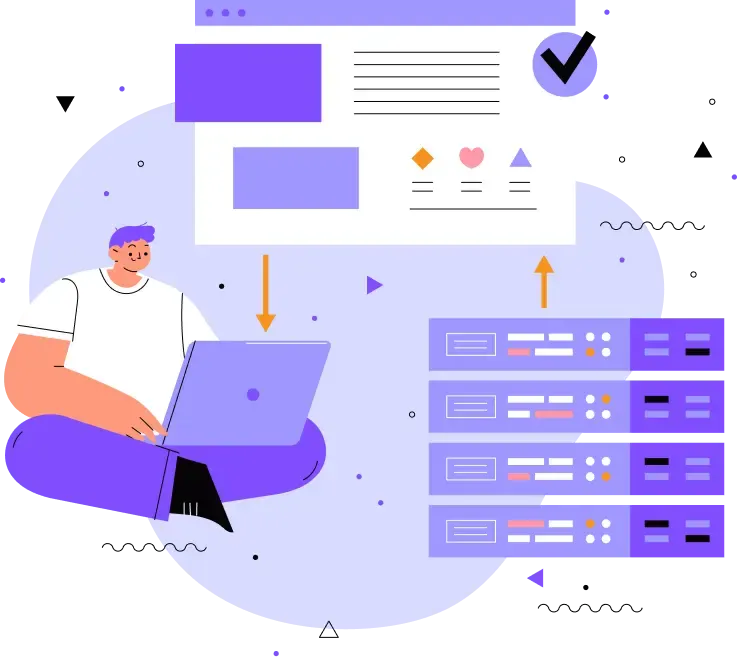 Illustration d'une personne assise avec un ordinateur portable, relié par des flèches à un serveur de données et à une interface web. Le ton est moderne et technologique.