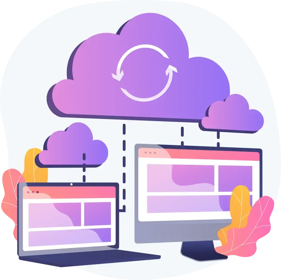 Illustration d'ordinateurs portables et de bureau reliés à des nuages ​​violets par des flèches, symbolisant la synchronisation des nuages. Des feuilles aux couleurs vives apportent une touche numérique moderne.
