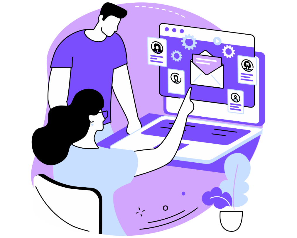 Deux personnes interagissent avec un grand ordinateur portable affichant un courrier électronique et des profils d'utilisateurs, avec des éléments d'interface numérique et une plante en pot à proximité.
