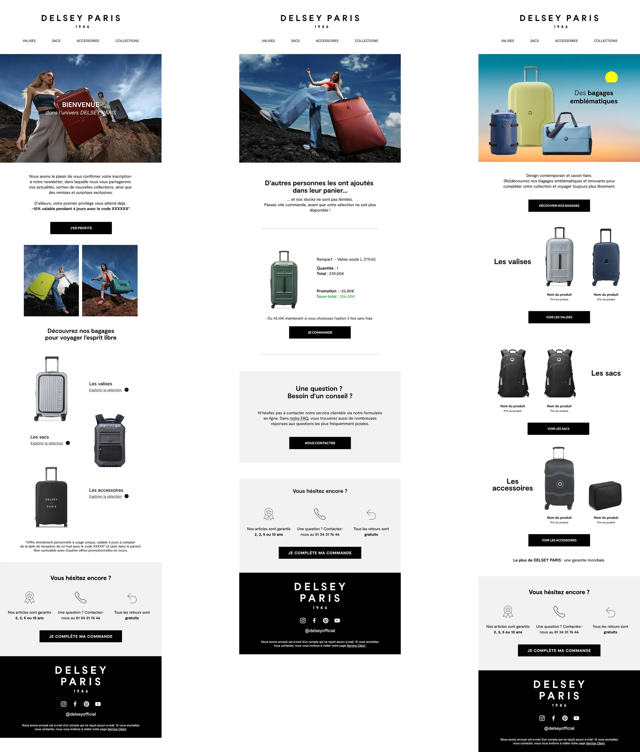 Email promotionnel Delsey Paris présentant des bagages élégants sur fond de paysages pittoresques.