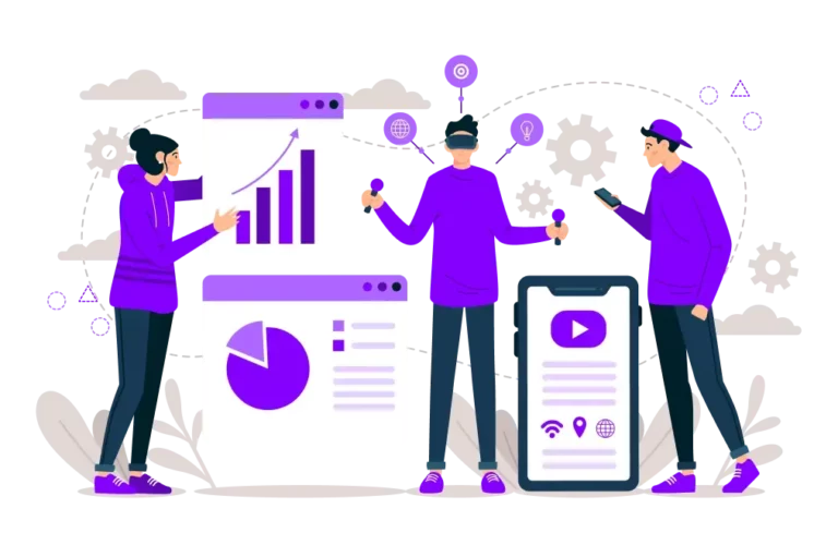 Trois personnes en tenues violettes interagissent avec des graphiques et un smartphone, entourées d'engrenages et d'icônes de réseau sur fond noir.