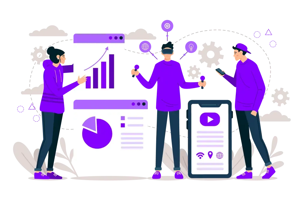 Trois personnes en tenues violettes interagissent avec des graphiques et un smartphone, entourées d'engrenages et d'icônes de réseau sur fond noir.