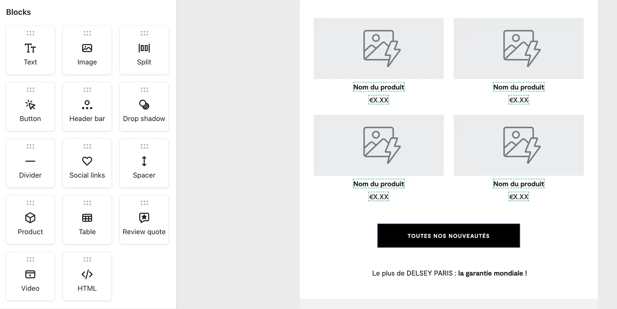 Modèle d'e-mail présentant les options de mise en page. À gauche : outils de bloc, dont Texte, Image, Bouton, etc. À droite : espaces réservés pour les images et le texte des produits.