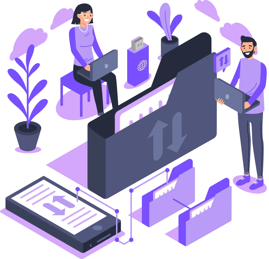 Illustration de deux personnes avec des ordinateurs portables à côté de grands dossiers numériques, symbolisant l'échange de données. Appareil mobile et clés USB, thème violet et noir.