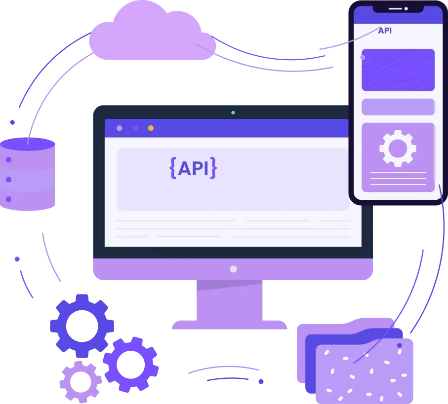 Illustration d'un écran d'ordinateur et de smartphone affichant le mot « API » entouré d'engrenages, de symboles de serveur, de cloud et de données, véhiculant l'intégration technologique.