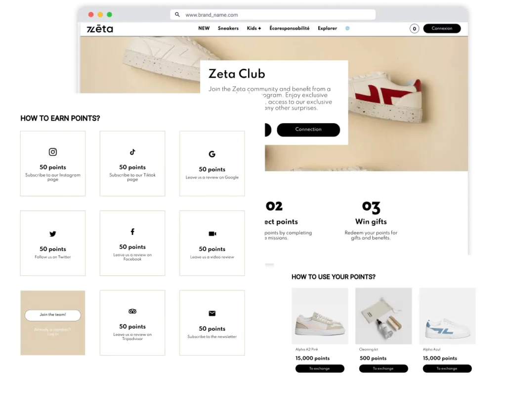 Mise en page du site web présentant les avantages de l'adhésion au « Zeta Club ». Comprend une section sur le gain de points grâce aux actions et aux avis sur les réseaux sociaux, ainsi qu'une section sur l'échange de points contre des cadeaux comme des chaussures et des accessoires. Le ton est moderne et engageant.
