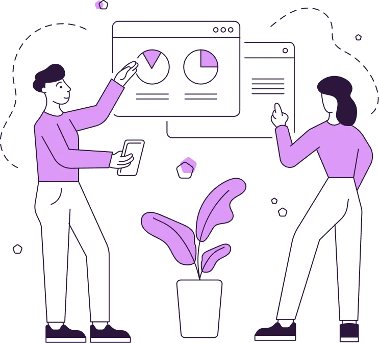 Deux personnages au style minimaliste se tiennent face à des diagrammes à secteurs sur fond sombre. Une plante en pot les sépare. Le ton est analytique.