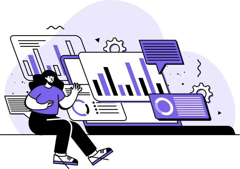 Illustration d'une personne analysant des graphiques à barres et des diagrammes circulaires sur un écran numérique. Les tons violets et noirs créent une atmosphère dynamique et axée sur les données.