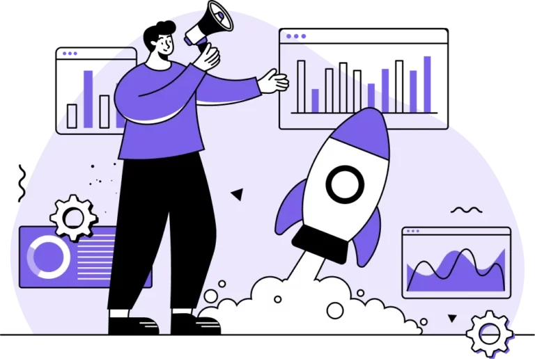 Illustration d'une personne tenant un mégaphone et désignant une fusée au décollage, entourée de graphiques et de diagrammes, symbolisant la croissance d'une entreprise ou le succès d'une start-up.