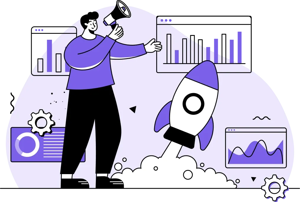 Illustration d'une personne tenant un mégaphone et désignant une fusée au décollage, entourée de graphiques et de diagrammes, symbolisant la croissance d'une entreprise ou le succès d'une start-up.