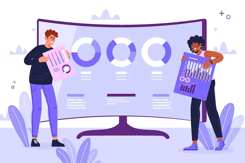 Deux personnes tiennent des graphiques devant un grand écran affichant trois diagrammes circulaires colorés et des données. La scène évoque la collaboration et l'analyse.