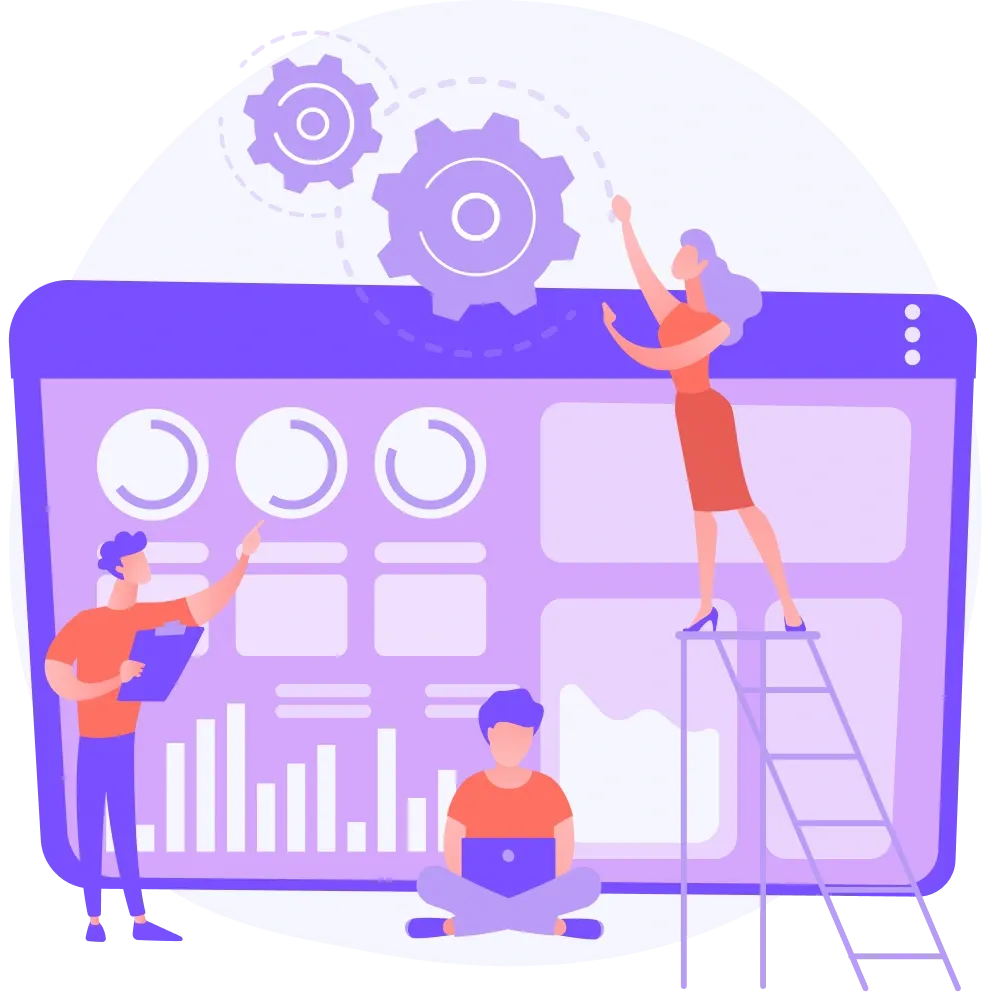 Illustration de trois personnes travaillant sur l'analyse de données. Une femme, perchée sur une échelle, ajuste les paramètres d'un tableau de bord géant, symbolisant le travail d'équipe.