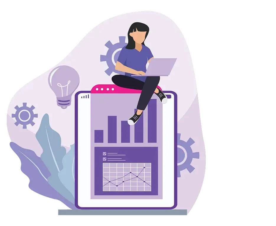 Illustration d'une personne assise sur une grande tablette affichant des graphiques à barres et des courbes. L'arrière-plan, composé d'engrenages et d'une ampoule, évoque la technologie et l'analyse de données.