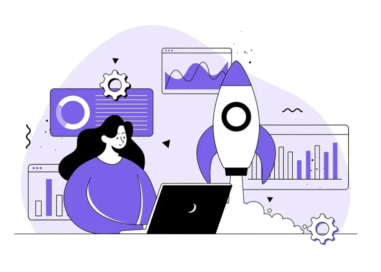 Illustration représentant une femme travaillant sur un ordinateur portable avec des graphiques en arrière-plan. Une fusée décolle, symbolisant l'innovation et la croissance. Couleurs : violet et noir.