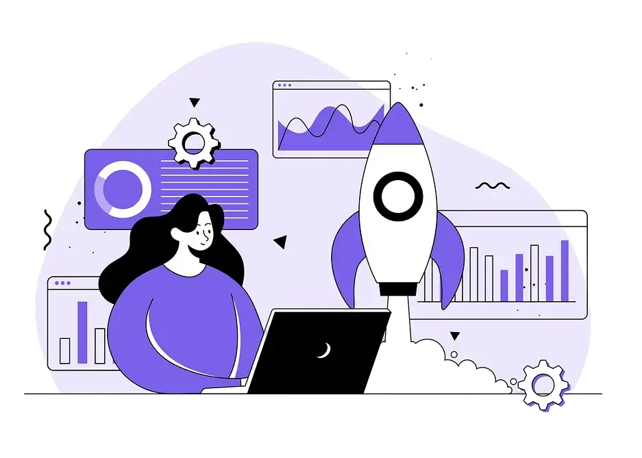Illustration représentant une femme travaillant sur un ordinateur portable avec des graphiques en arrière-plan. Une fusée décolle, symbolisant l'innovation et la croissance. Couleurs : violet et noir.