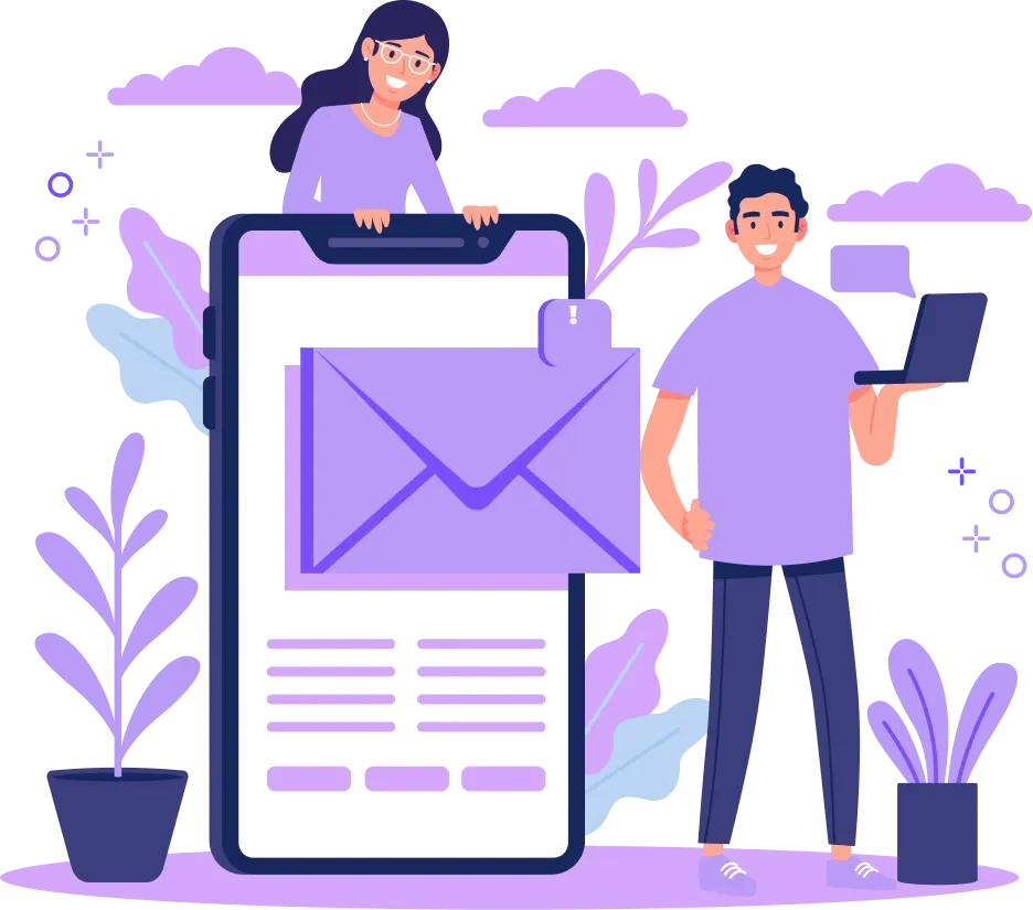 Illustration de deux personnes tenant un smartphone géant affichant une icône d'enveloppe, représentant un courriel, entourées de plantes et de formes abstraites.