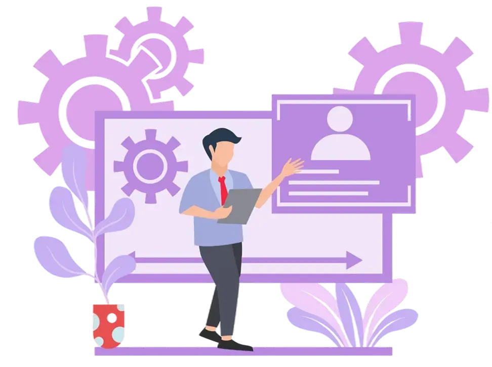 Illustration of a person holding a tablet, standing before screens with gears and arrows, symbolizing technology and digital processes, accented by plants.