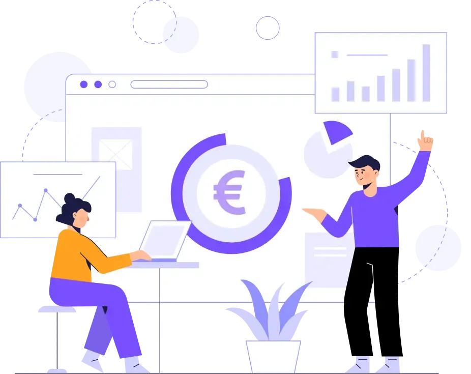 Deux personnages discutent d'analyse de données sur un grand écran affichant le symbole de l'euro, des graphiques et des diagrammes.