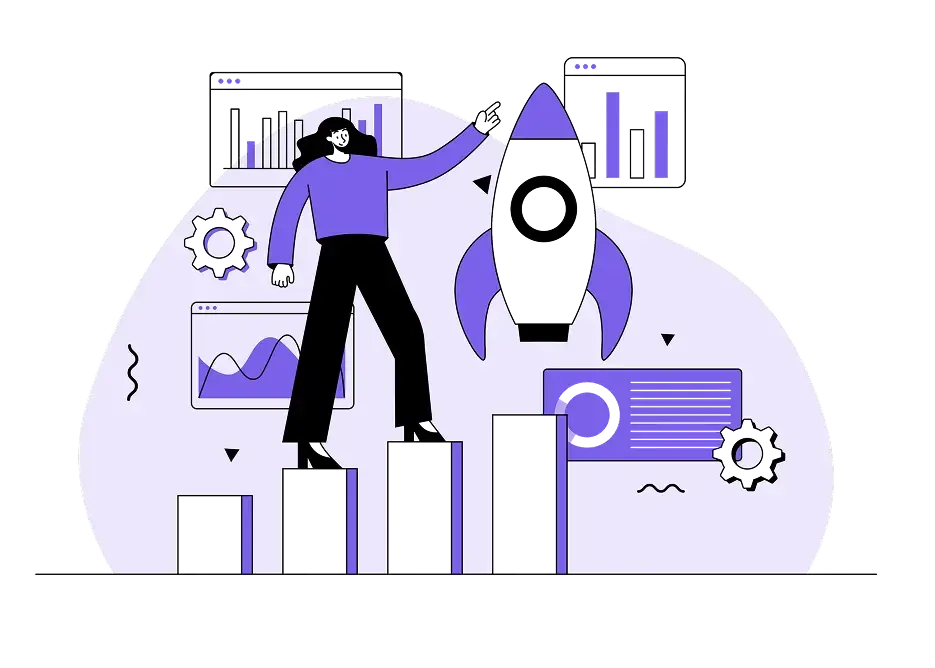 Une personne debout sur des graphiques à barres tendant la main vers une fusée, entourée d'engrenages et de graphiques symbolisant l'innovation et le progrès.