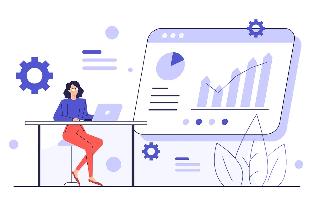 Illustration d'une personne assise à un bureau avec un ordinateur portable, observant un grand écran affichant des graphiques et des tableaux. La scène évoque l'analyse de données.