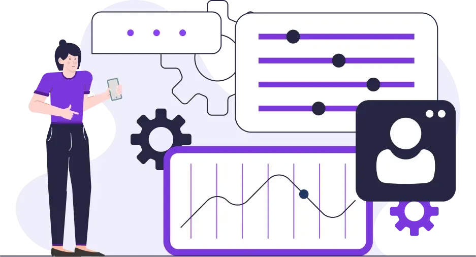 Illustration abstraite d'une personne avec un smartphone, entourée de graphiques, d'engrenages et d'icônes d'utilisateur sur un fond sombre.