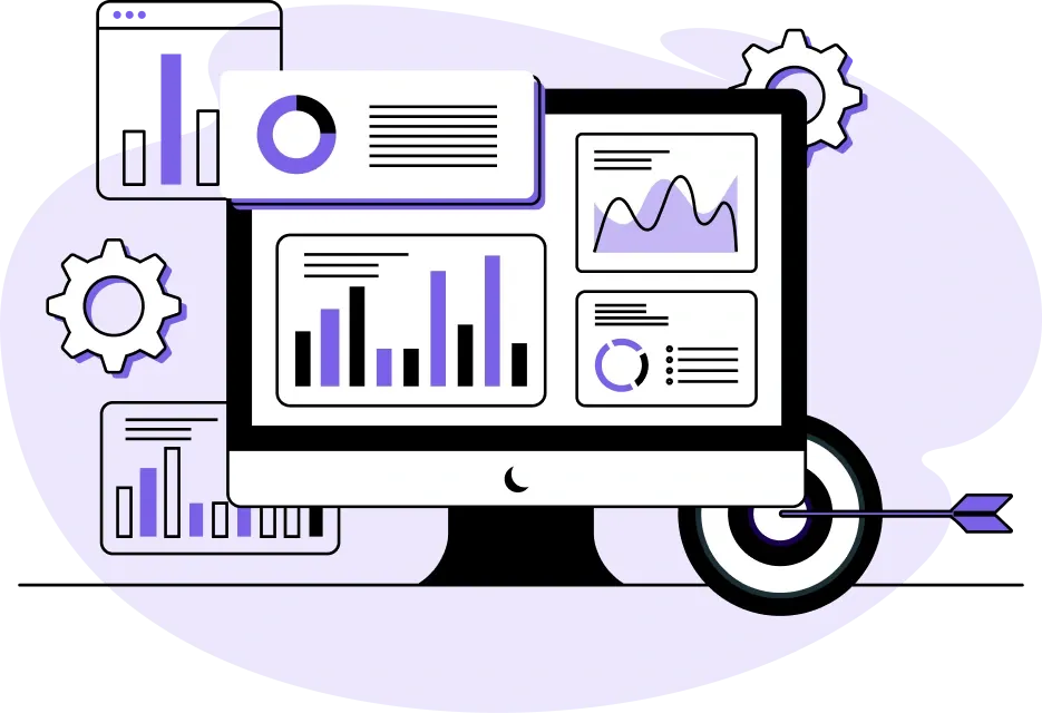 Illustration d'un écran d'ordinateur affichant divers graphiques (histogrammes, diagrammes circulaires et courbes). Une roue dentée et une cible apparaissent en arrière-plan.