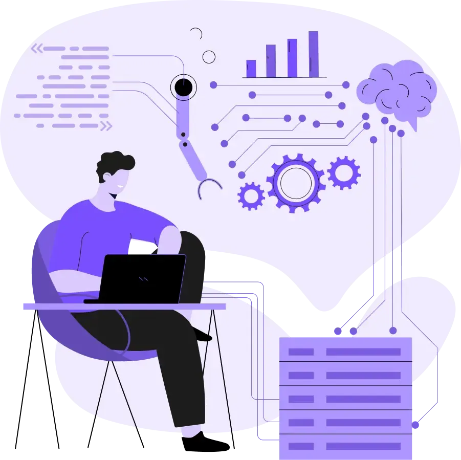 Illustration d'une personne travaillant sur un ordinateur portable, entourée d'icônes technologiques telles que des graphiques, des engrenages et un symbole de cerveau, évoquant l'innovation.