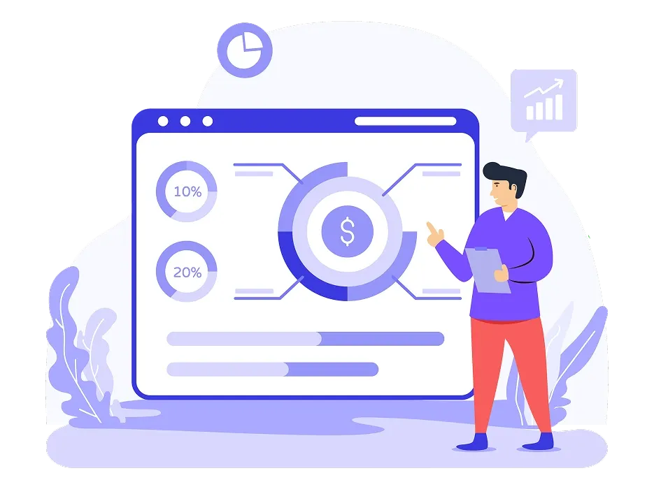 Illustration d'une personne analysant des données financières sur un grand écran. Comprend des diagrammes circulaires, un symbole dollar, un graphique de croissance et des barres de progression.