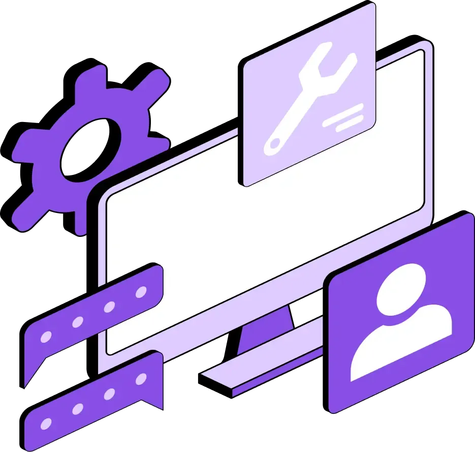 Illustration d’un écran avec icônes d’automatisation en tons violets.