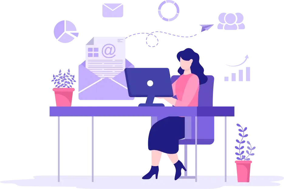 Une femme assise à un bureau utilise un ordinateur ; on y trouve des icônes de courriel, de graphique, de personnes et de plantes en pot.