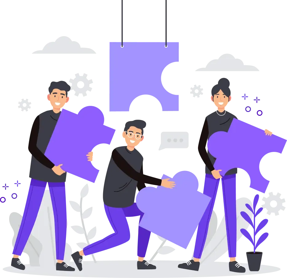 Trois personnages tenant des pièces de puzzle violettes, symbolisant la collaboration