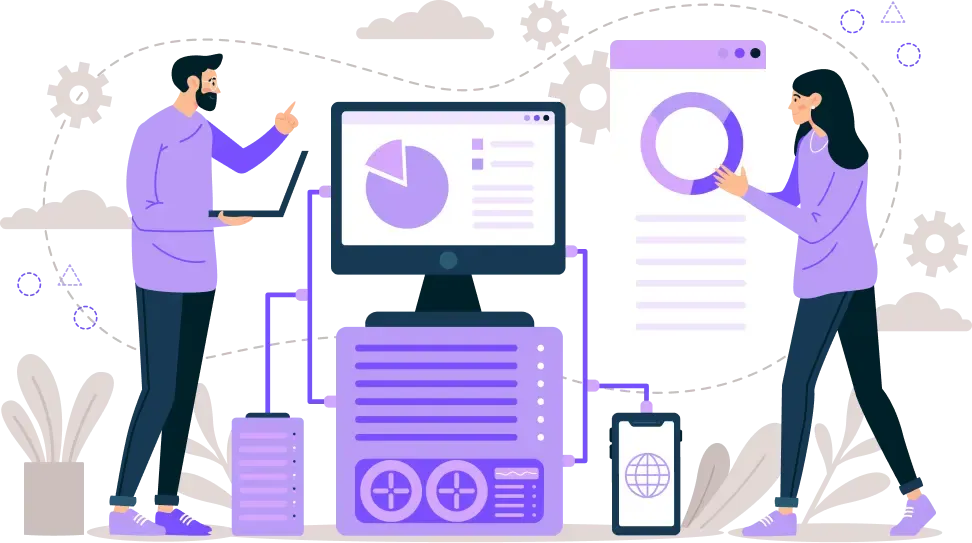 Deux personnes analysent des données sur des écrans dans une illustration aux tons violets