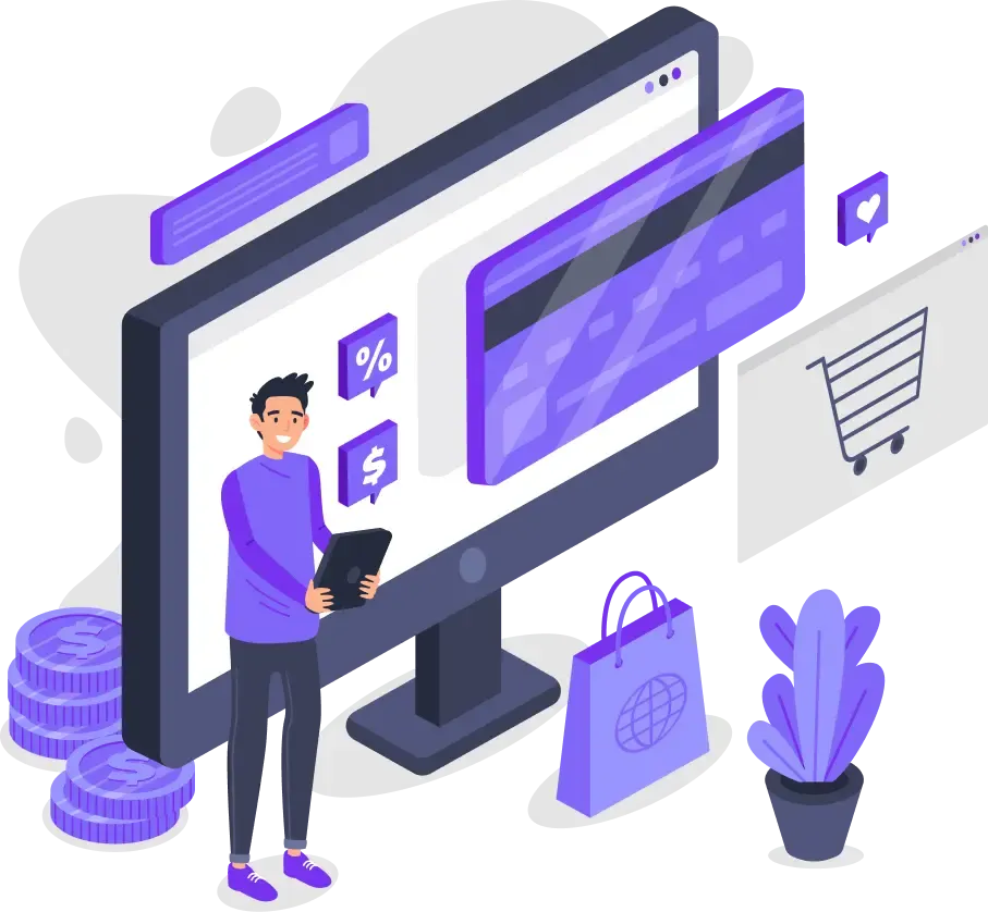 Une personne utilisant une tablette devant un écran d’e-commerce.